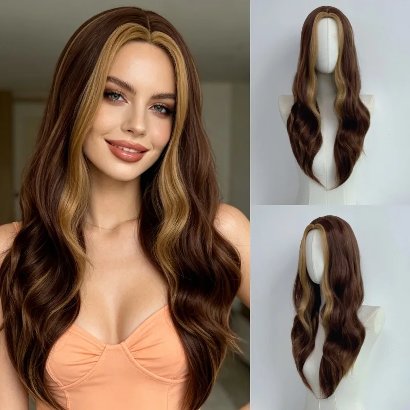 Brown Gradient Medium-Parted Long Curly Hair Women'S Wig Fashionable Outdoor Simulated Matte Silk Head-Mounted Synthetic Wig