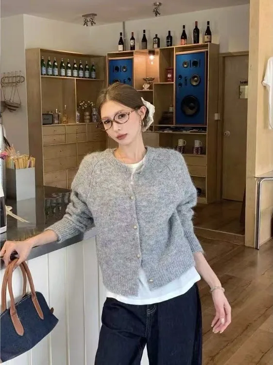 Grey Lazy Style Loose Soft Sweater Coat Women's round Neck Long Sleeve Knitted Open Cardigan Top Autumn New Arrival