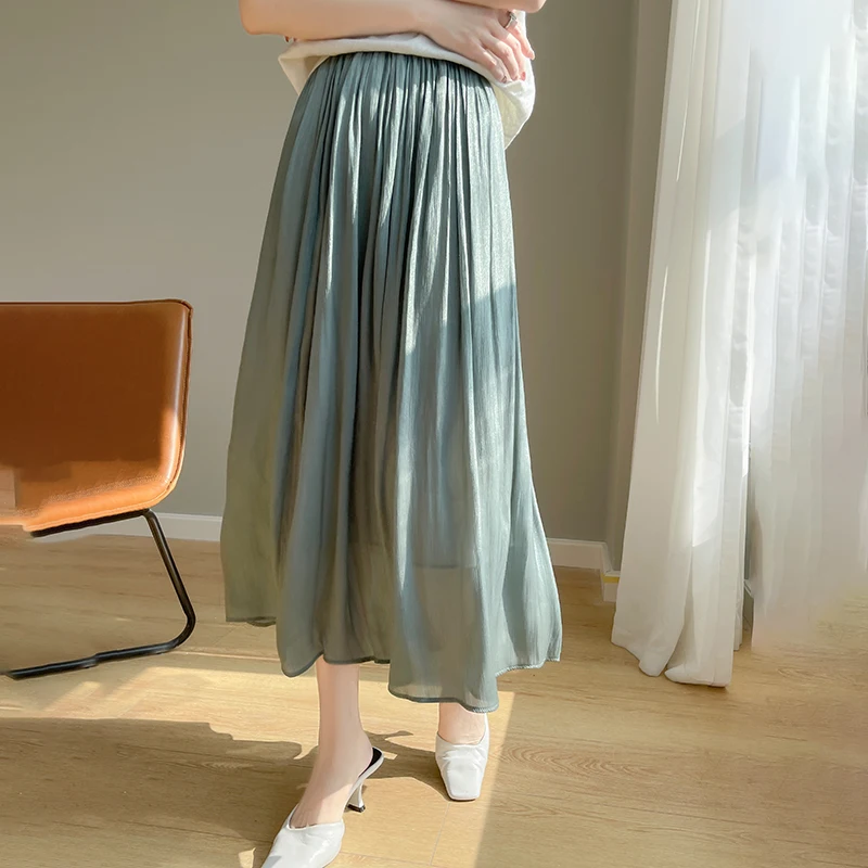 

New style gilded sand slimming pleated skirt for spring and summer women's drape high waisted mid length A-line skirt