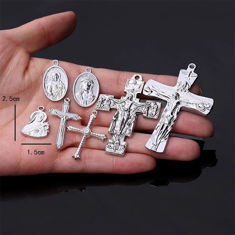 10 piezas/medalla cruzada católica hecha a mano, accesorios de adorno DIY, etiqueta cruzada de Jesús, regalo de Navidad