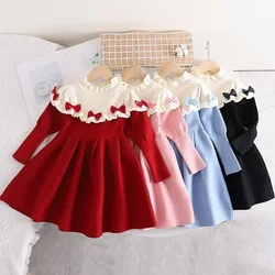 Fashion Autumn Winter Baby Girls Warm Knitted Dress Crew Neck Bow Pink Princess Girls Sweater Dress Cotton Baby Girl Clothes