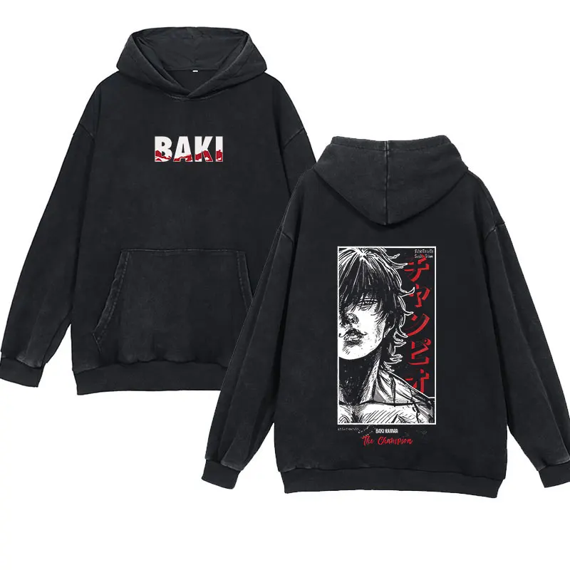 Anime Baki Hanma Washed Hoodies Pullover Casual 100% Cotton Hip Hop Men\'s and Women\'s Vintage Retro Black Hooded Sweatshirt