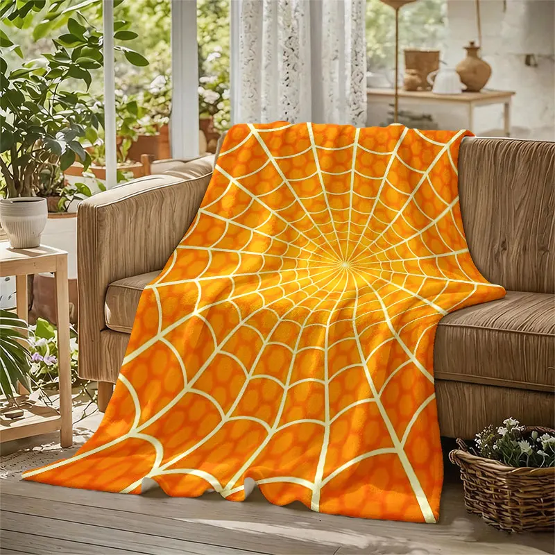Orange Spider Web Flannel Blanket Warm Soft Halloween Christmas Decorative Couch Warm Cozy All-Season Gift