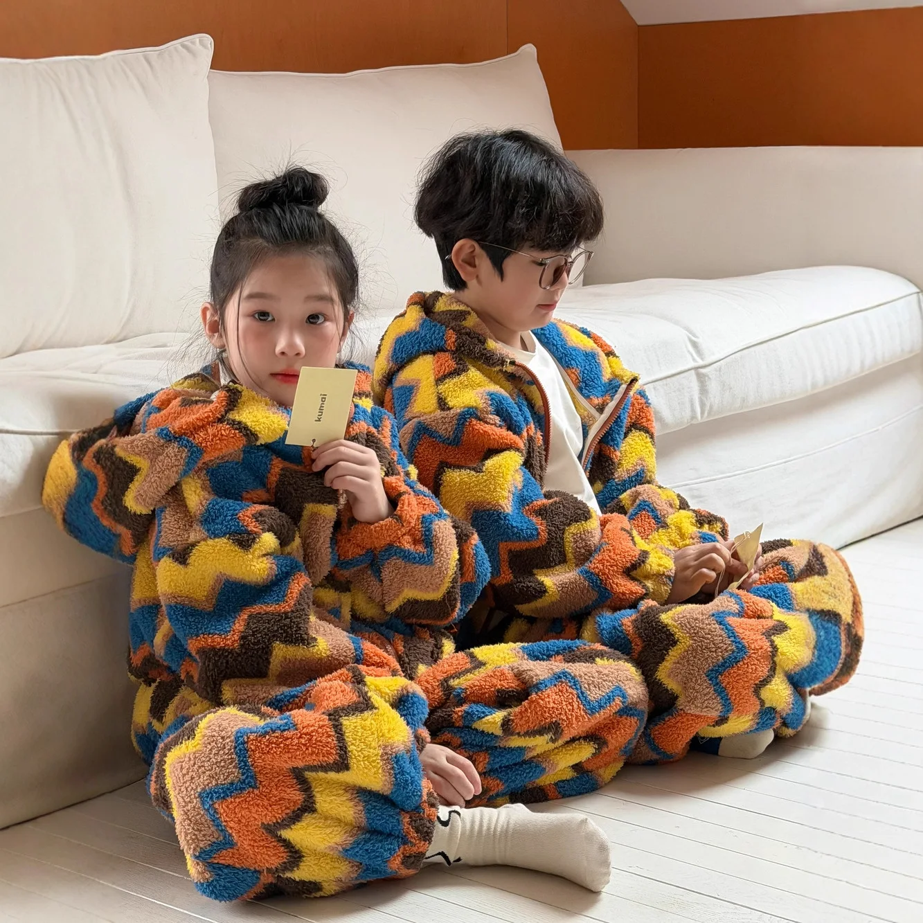 Winter Children 2PCS Loungewear Set Cotton Fleece Stripe Kid Girl Hooded Jacket Plush Velvet Contrast Toddler Boy Homewear Pants