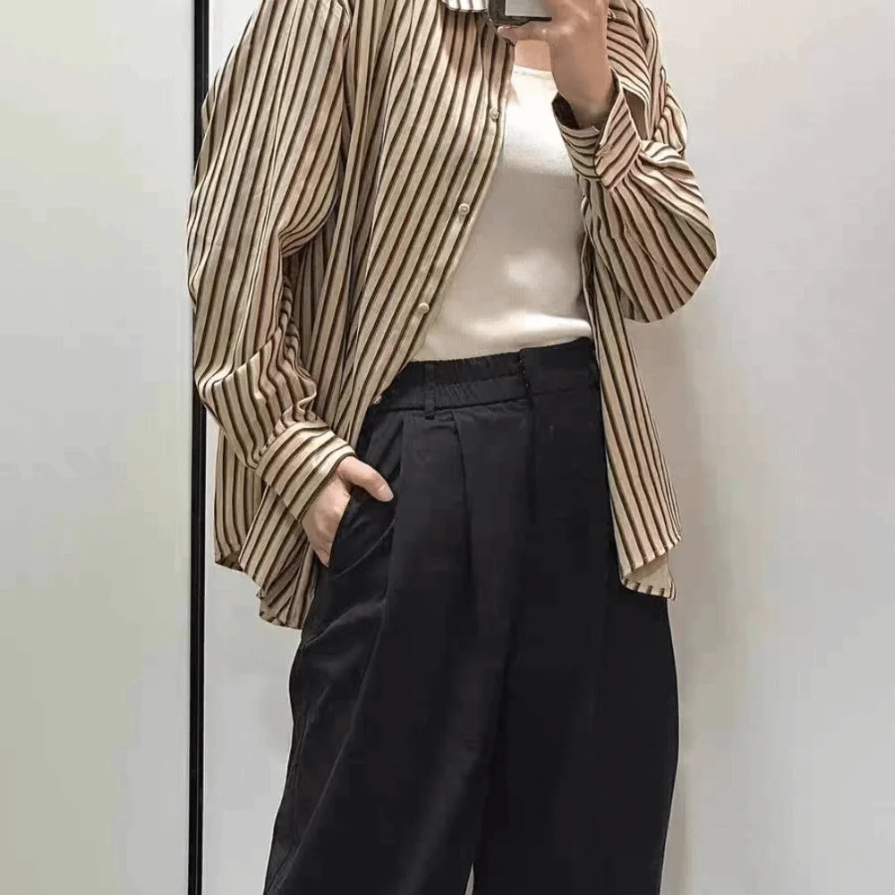 Camisas listradas femininas com decote em v, roupas compridas, mangas damasco, café, estilo coreano, blusa, moda urbana, camisas simples com botões listrados