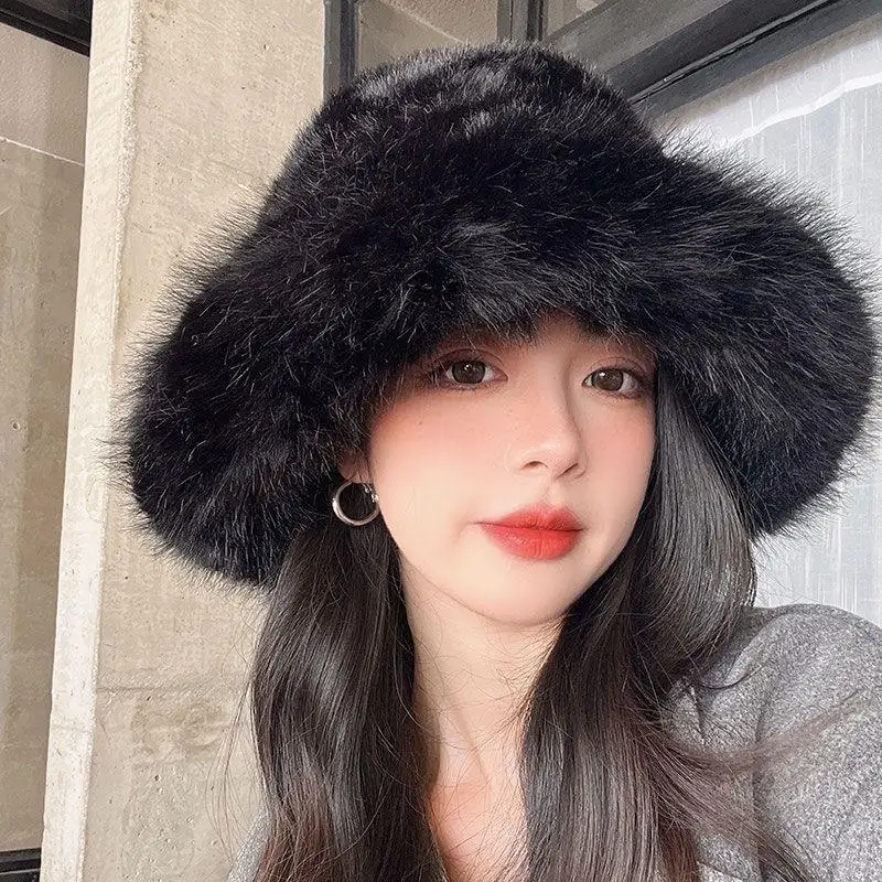 

Thickened Fleece Winter Bucket Hat Breathable Ear Protection Face Slimming Korean Style Versatile Warm Plush Mongolia Cap