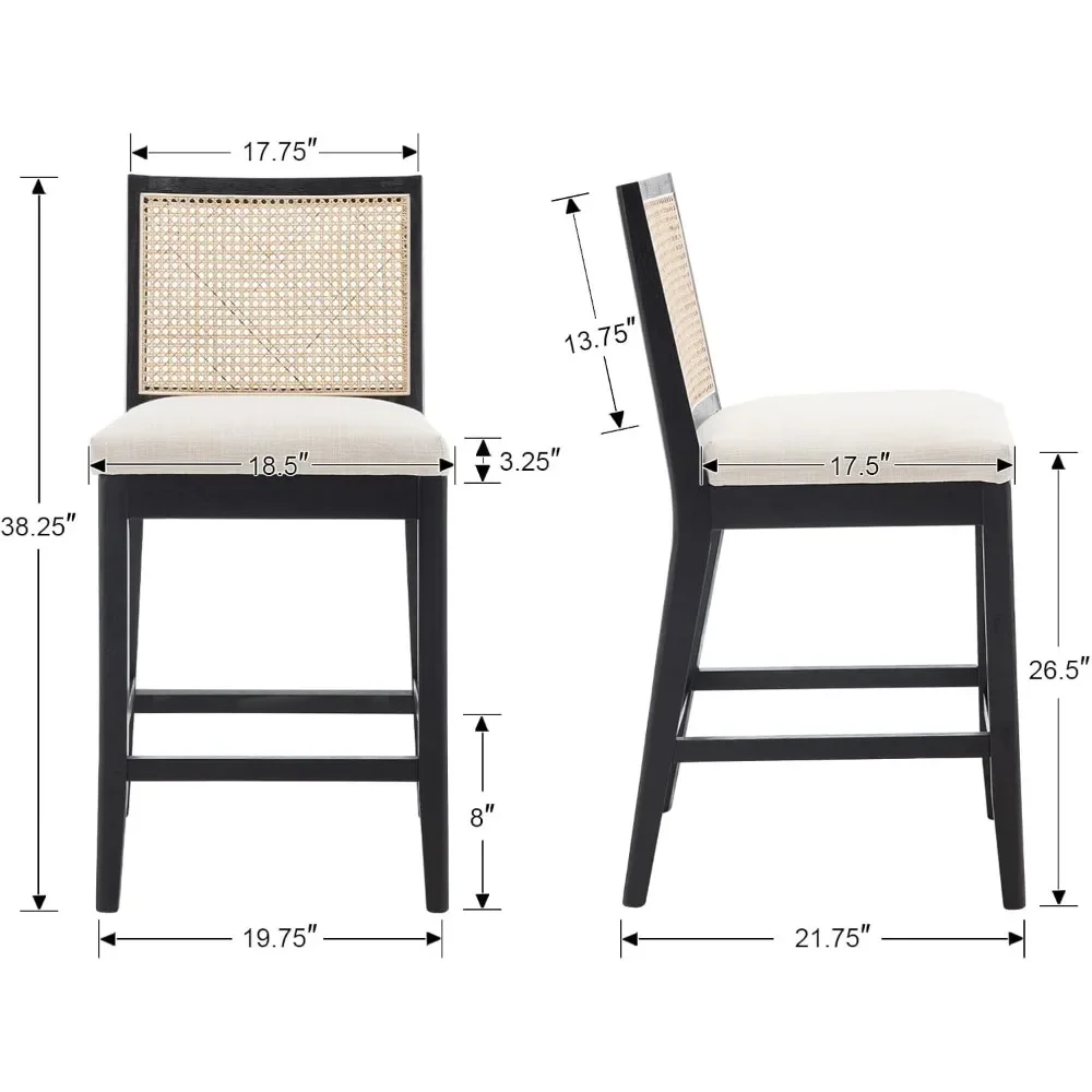 26.5" Rattan Bar Stools Set of 2 Modern Linen Fabric Upholstered Counter Height Bar Stools, Kitchen Island Barstools