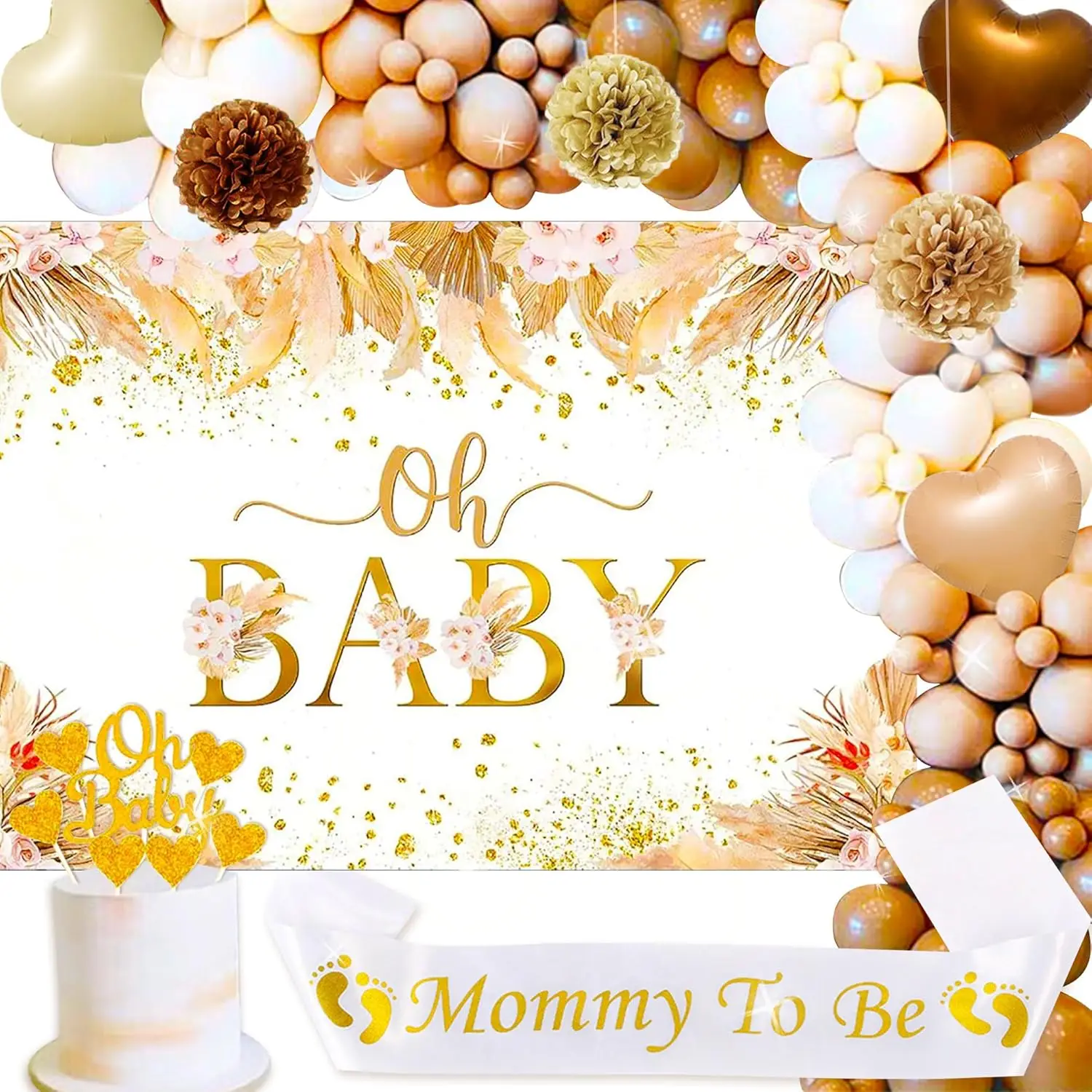 Laventy 30 PCS White And Gold Balloon Boho Baby Shower Decoration Brown Balloon Arch Oh Baby Backdrop