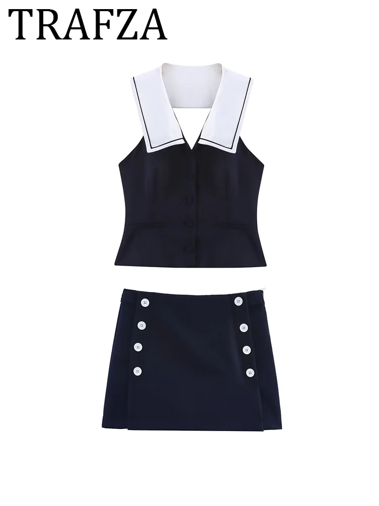 

TRAFZA 2 Color Mini Skirt Sets For Women Sailor Ling Contrast Vest Top+Split Button Skort Two Pieces Outfit 2025 New Fashion Sui