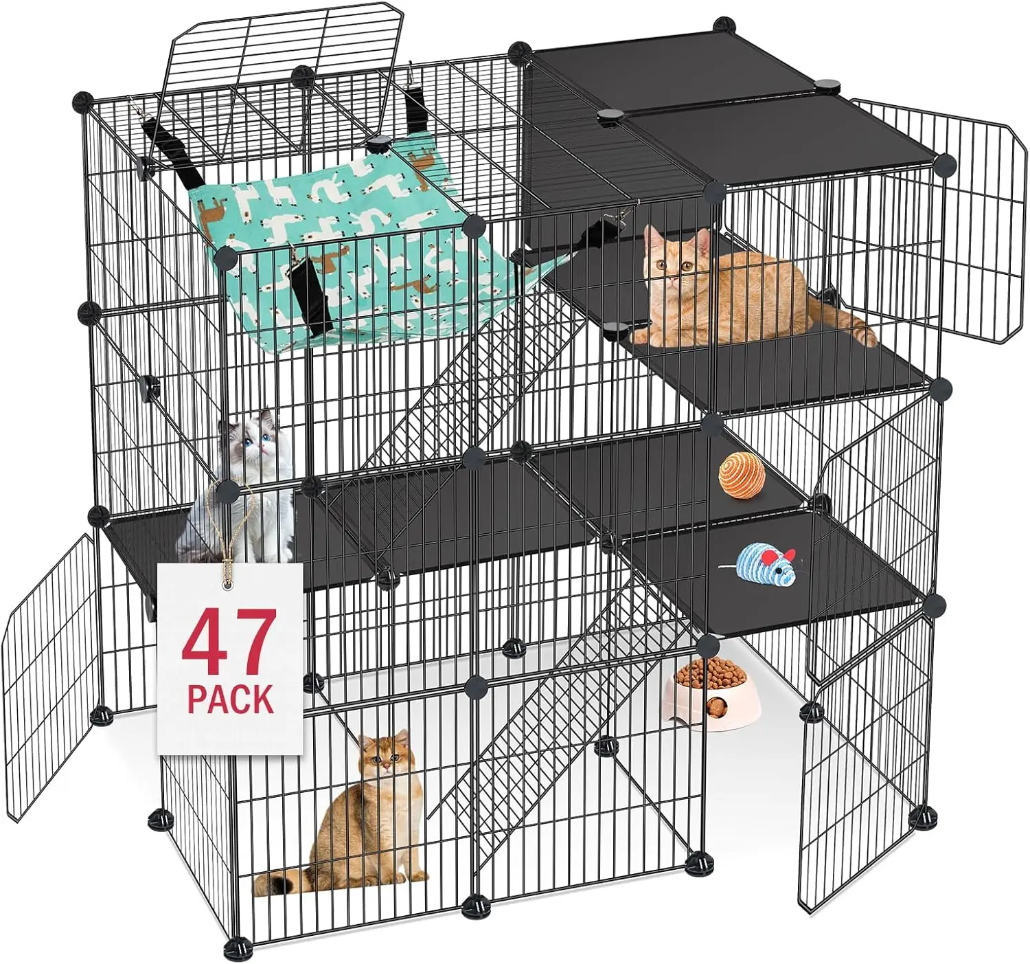 

3-Tier Cat Enclosure with Hammock, Indoor Outdoor Playpen for 1-3 Cats, Durable Metal Wire Cage