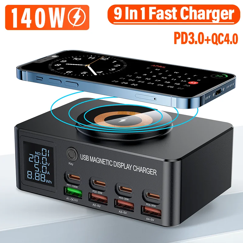 140W USB Type C Charger Magnetic Wireless Charging Multi Ports Fast Charger PD QC3.0 Charge For iPhone Xiaomi Samsung Laptop