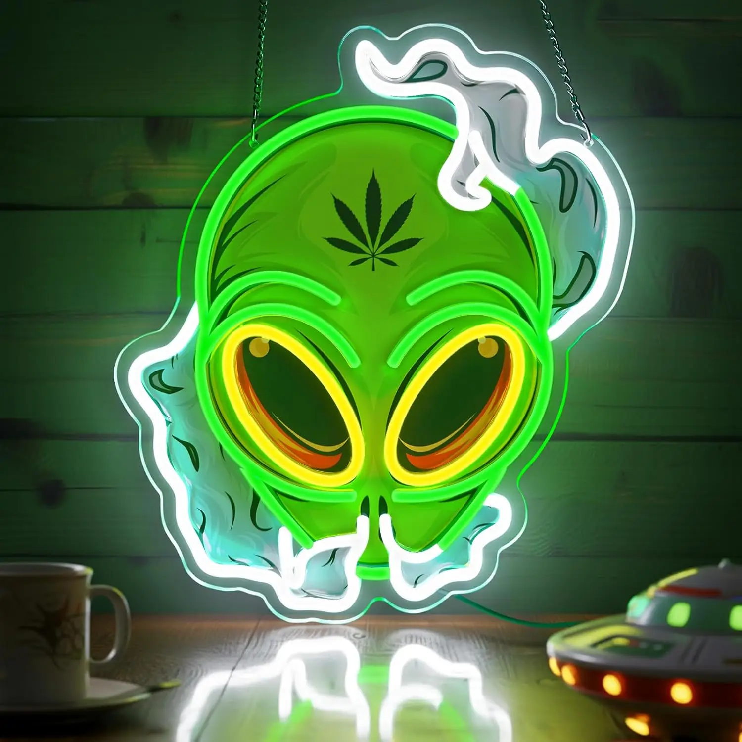 Alien Weed Neon Sign LED Wall Art USB Powered Acrylic Cannabis Leaf Smoke Glow Lamp Sci Fi Game Room Bar Lounge Aesthetic Decor