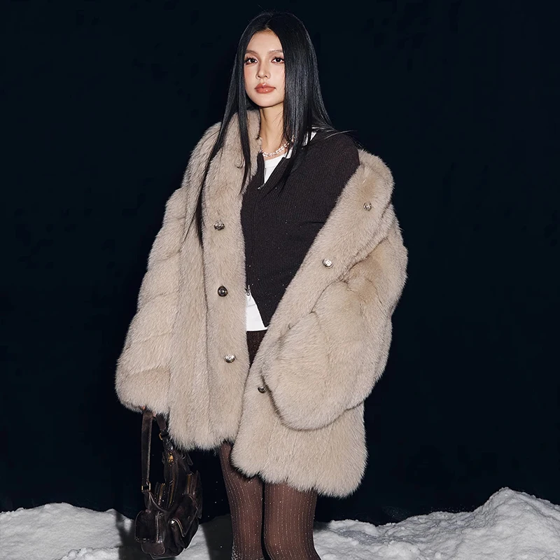 Ftangaiur ผู้หญิงฤดูหนาวนําเข้า Fox ขนสัตว์เสื้อแขนยาวหญิง Fox เสื้อขนาดกลางครึ่ง Turn-Down COLLAR ธรรมชาติ Fox ขนสัตว์เสื้อ