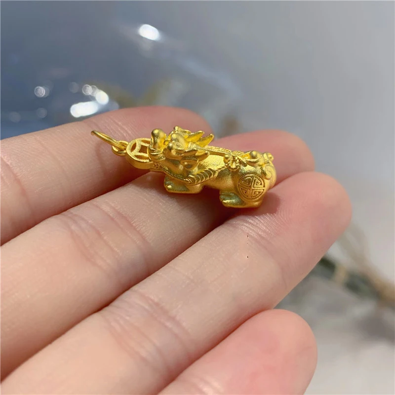 3D Gold 999 24K Yellow Gold Pendant Dragon Son Pixiu Coin Necklace Pendant 1pcs