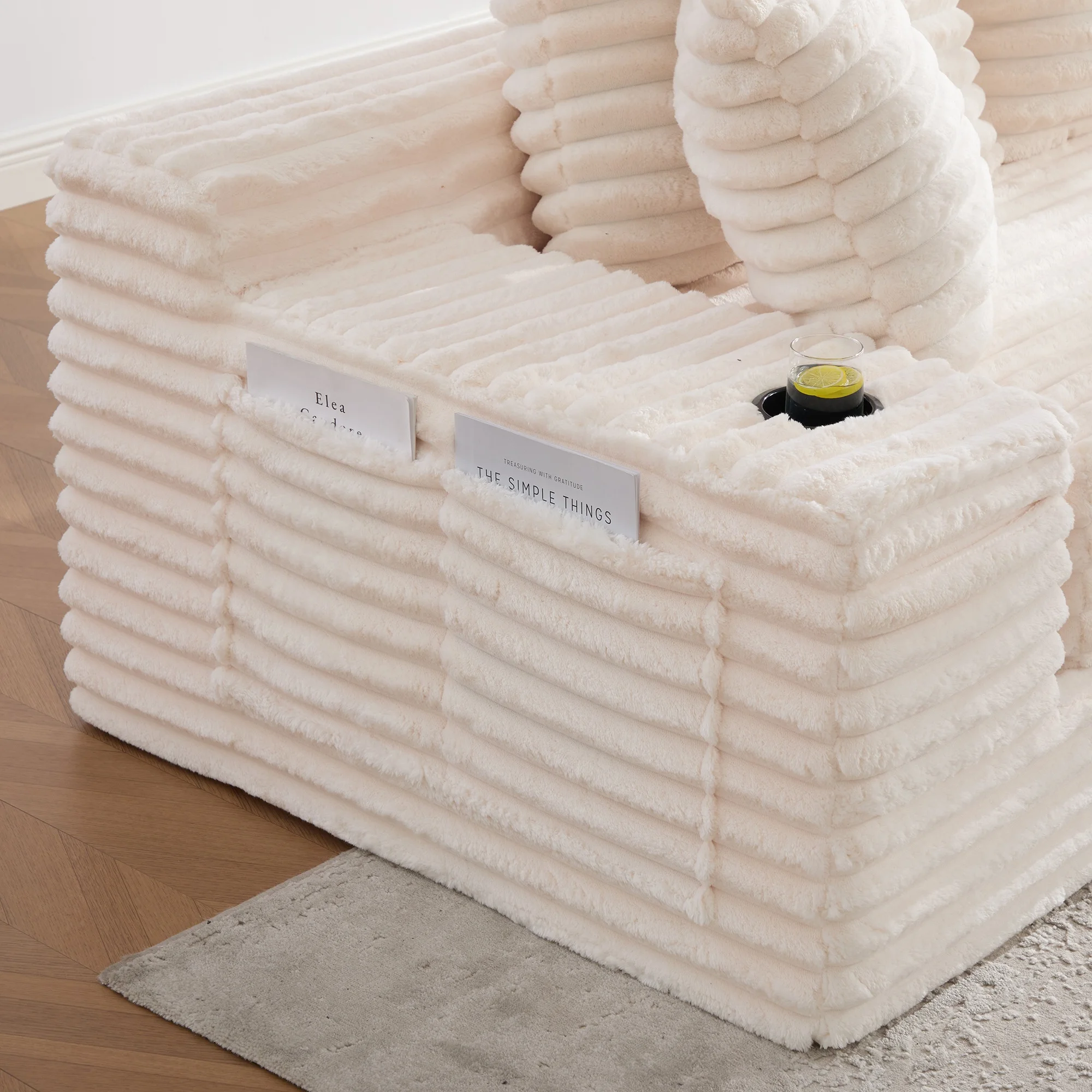 LVHOM 4-Sitzer Cordsofa mit Chaiselongue, Kissenrücken, Eckigen Armlehnen, Getränkehaltern & Seitentaschen für Wohnzimmer – Detail 17