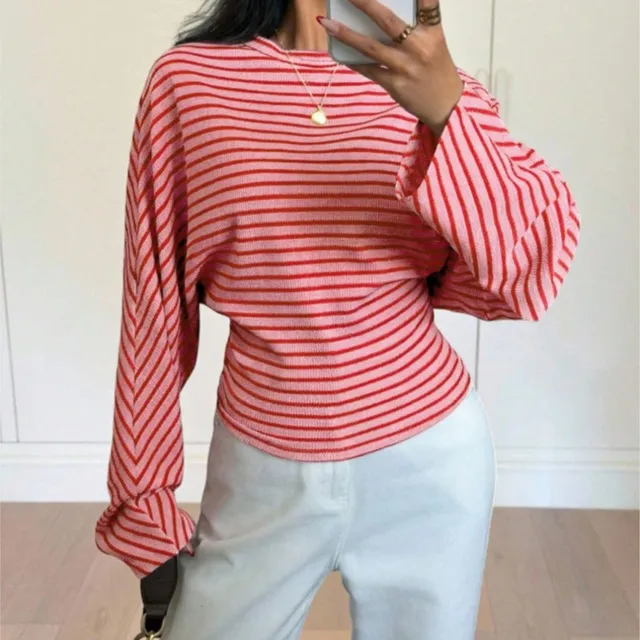 Women’s Loose Tunic Tops Basic Long Sleeve Round Neck Stripes Print T-Shirts Spring Autumn Blouses Y2K Vintage Streetwear