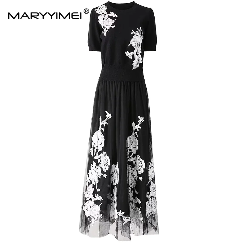 MARYYIMEI Summer Women's Suit Short-Sleeved Wool Knitted Fabric Tops+Lace-Up Pleated Skirt Embroidery Two Piece Set