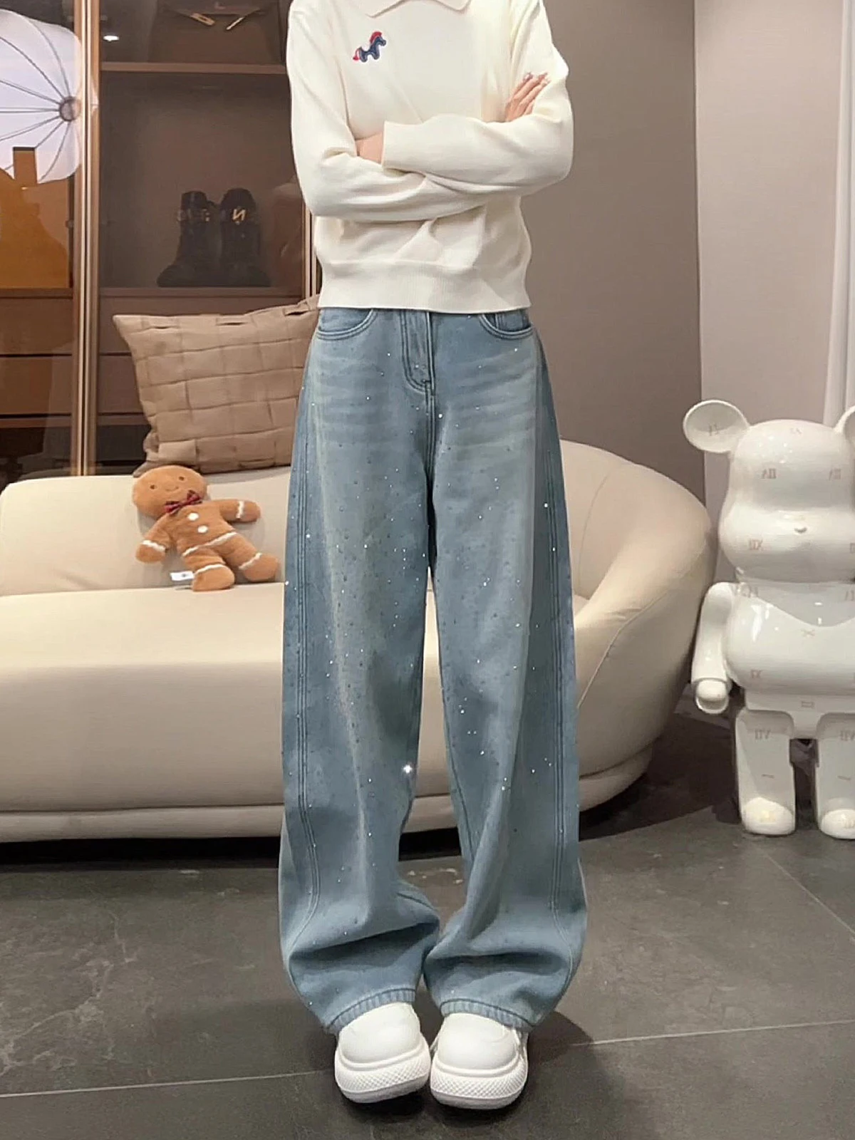 

Blue High Waist Distressed Denim Wide Leg Pants Women's Spring New Style Slimming Knife Jeans Fireworks Beauty