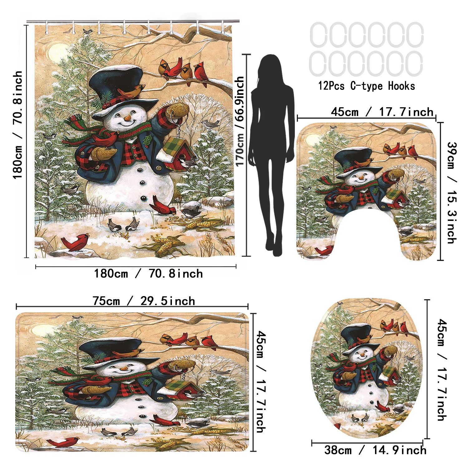 LVRLVR 4Pcs Christmas Bathroom Set Vintage Farmhouse Snowman Cardinal Bird Print Bath Curtain + Toilet Mat Rug Set,70.8x70.8 inch Polyester Shower Curtain Set with 12Pcs C-Type Hooks