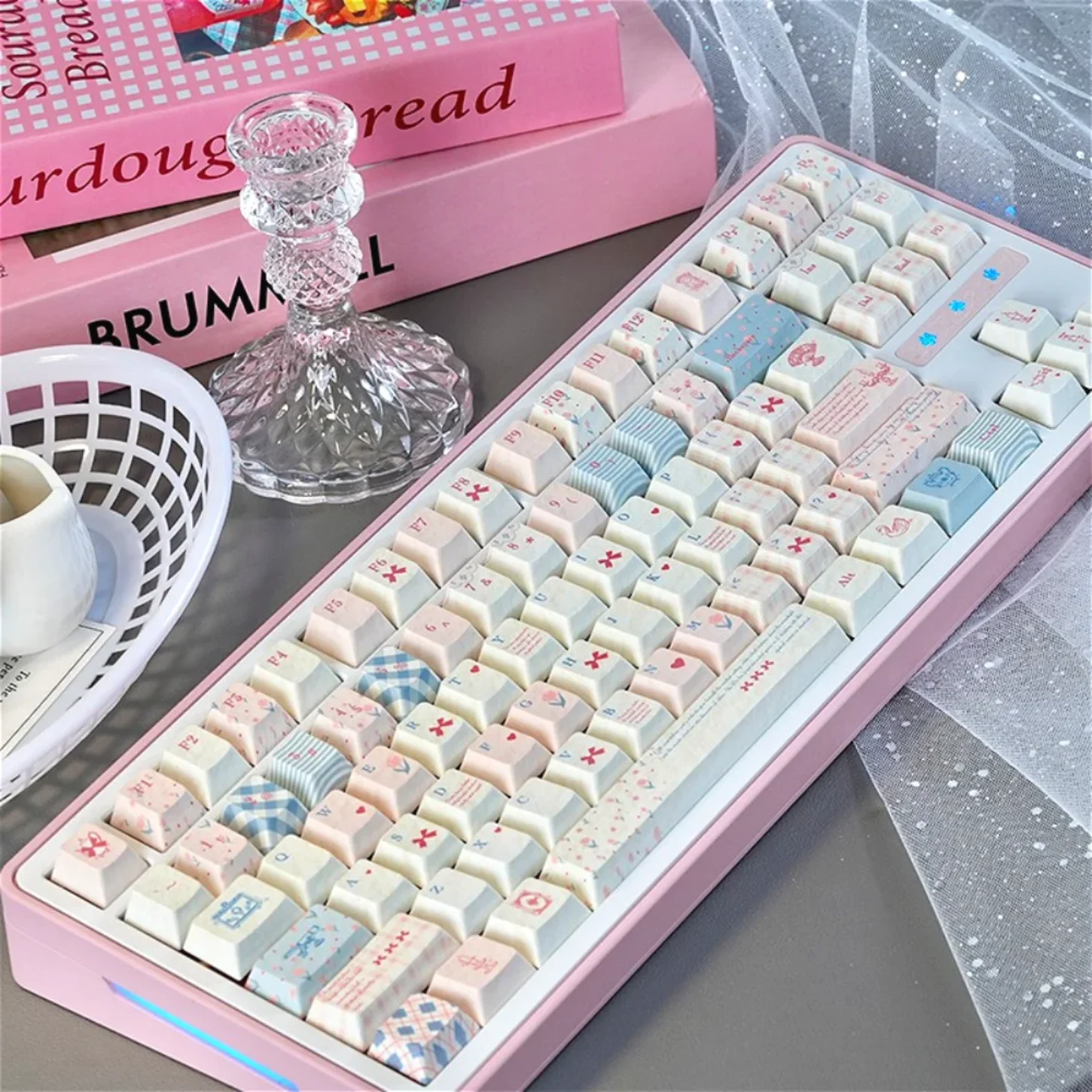 Rococo Keycap Set PBT Cherry 129 Key Girl Keyboard Keychain Compatible with 61/75/87/104/108 Mechanical Keyboards