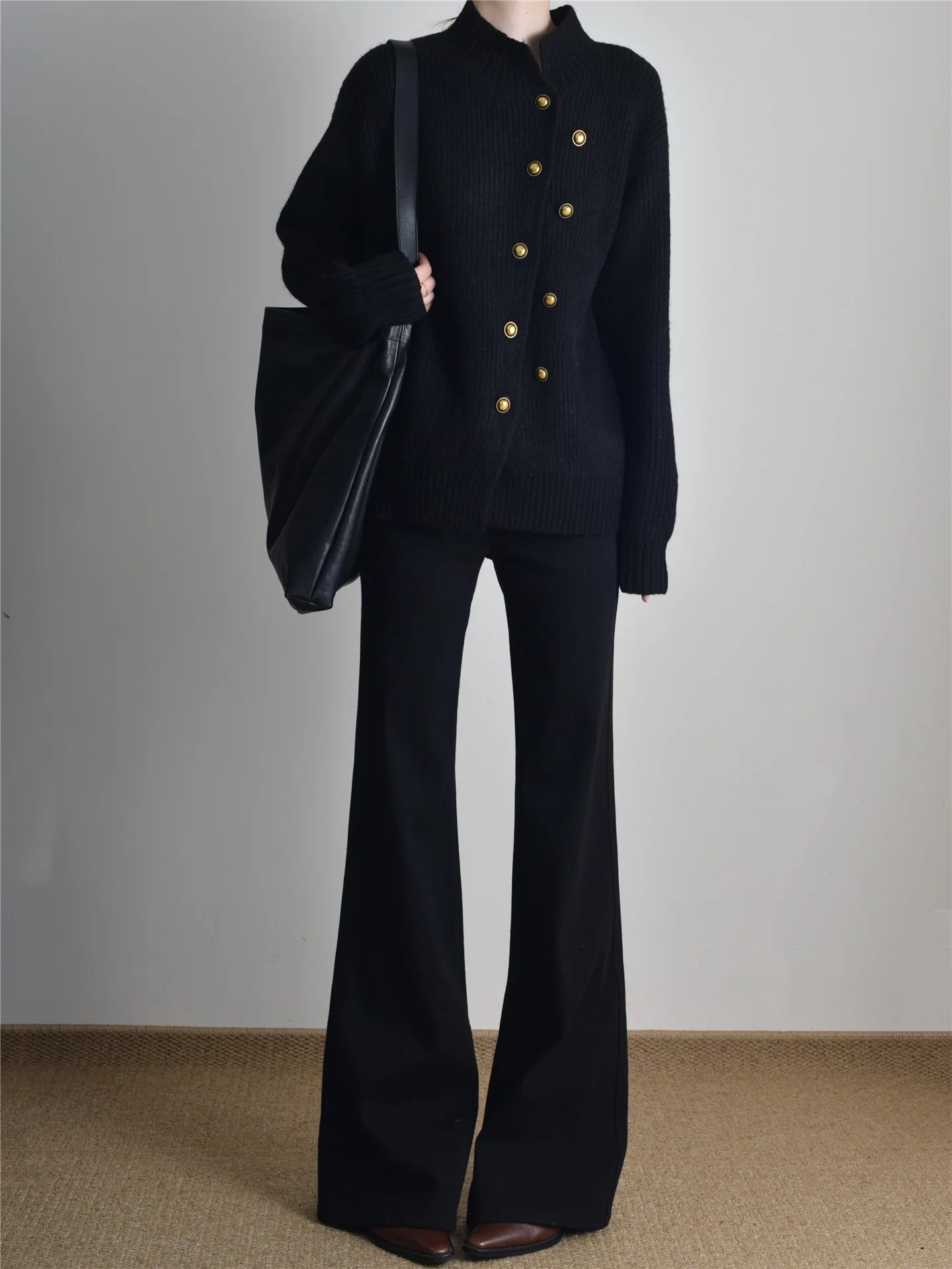 

Low Waist Extended Length Draped Black Denim Jeans Women's Loose Casual Hoof Bell Bottoms Spring Fashion Trend Cotton