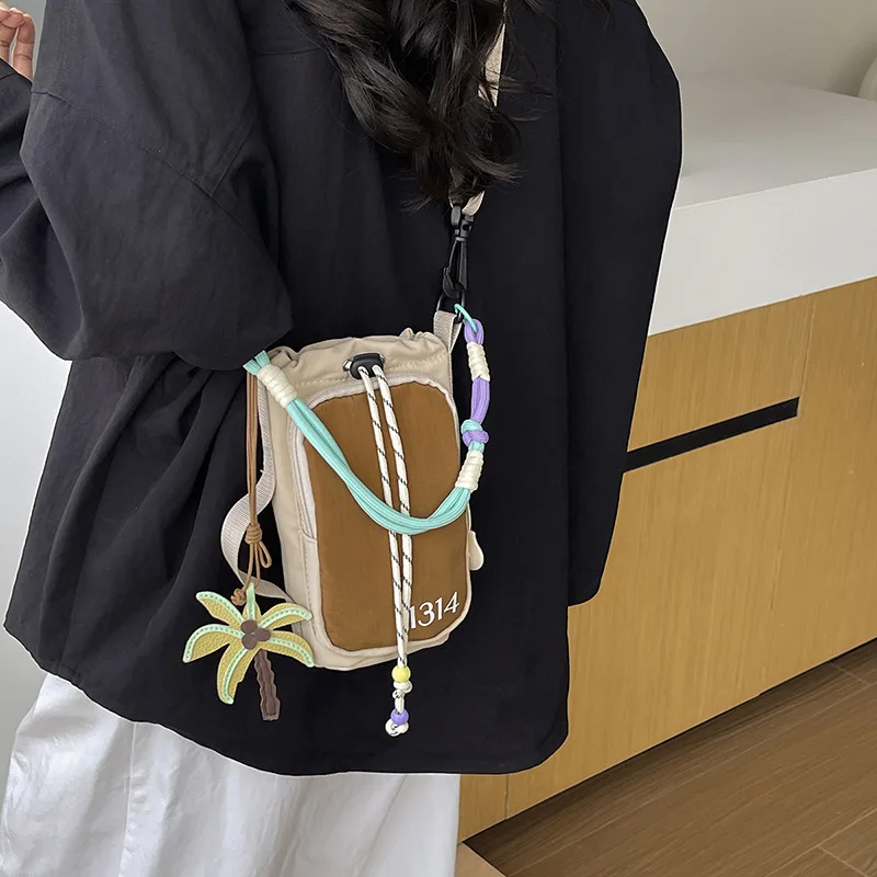Women Mini Crossbody Bag Drawstring Phone Pouch with Pendant Beaded Strap Colorblock Nylon Small Shoulder Purse for Travel