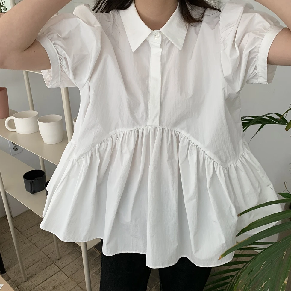 Chic Summer Vintage Turn-down Collar Ba Pleat Design Loose Irregular Bubble Sve irt Women's  Ne ort Sve Top