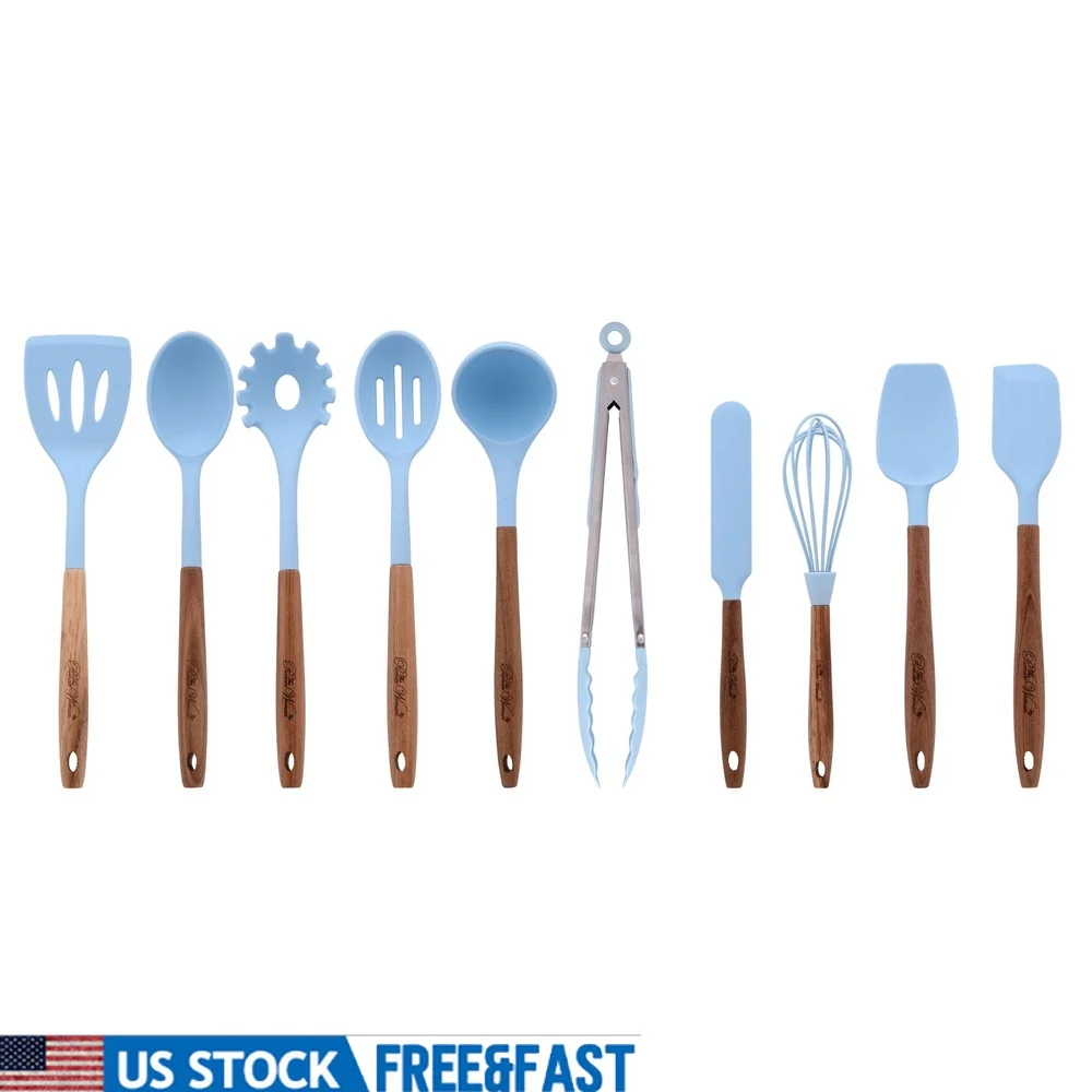 

10-Piece Silicone Kitchen Utensils Set with Acacia Wood Handles Safe Nonstick Cookware High-Temperature Tools Essential Cooking