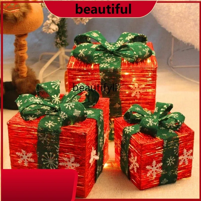 

Christmas decoration wrought iron gift box three-piece scene arrangement hotel window ornament Christmas tree stack head props