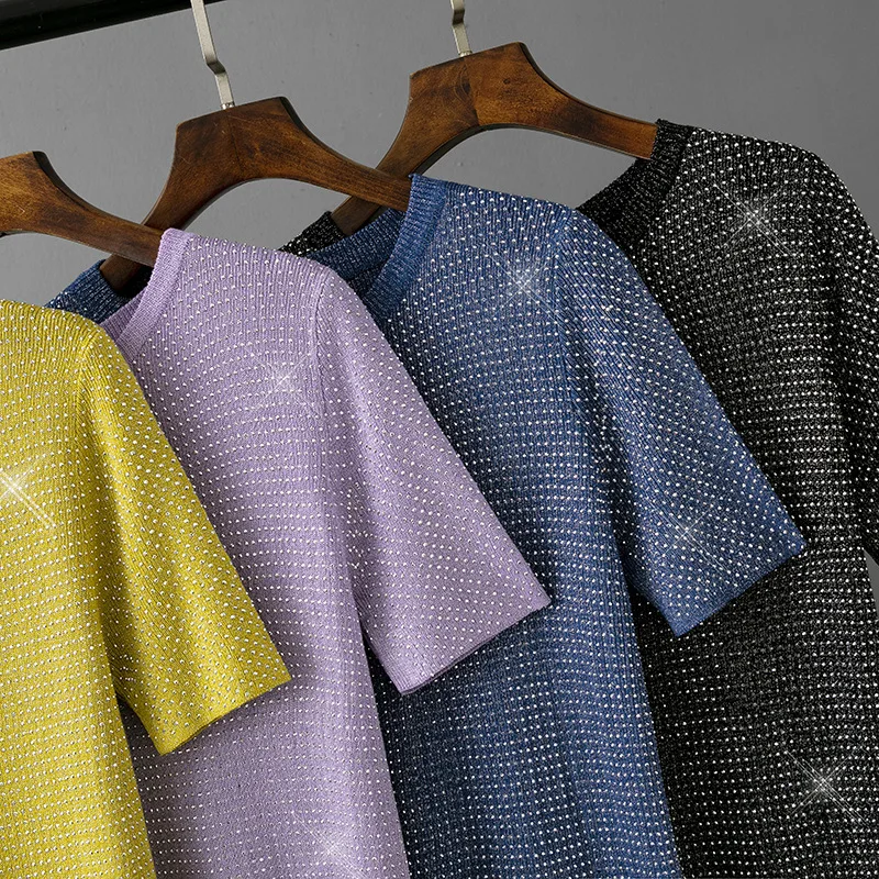 

New Spring Sequin Evening Decor Crew Neck T-Shirt Elegant Designer Outfit Sleeve Top Summer Women's Brand Tee Tops CQ172