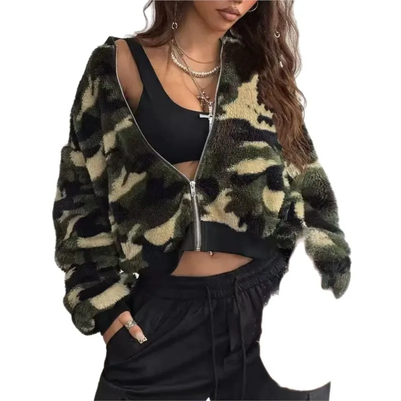 Women Camo Fuzzy Sherpa Cropped Jacket Zip Up Long Sleeve Stand Collar Loose Short Coat Y2K Streetwear Warm Outerwear