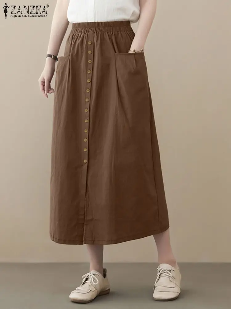 ZANZEA Fashion Solid Skirts Summer Elegant Elastic Waist Skirt Woman Casual Button Down Front Robe Female OL Work Jupe Oversized