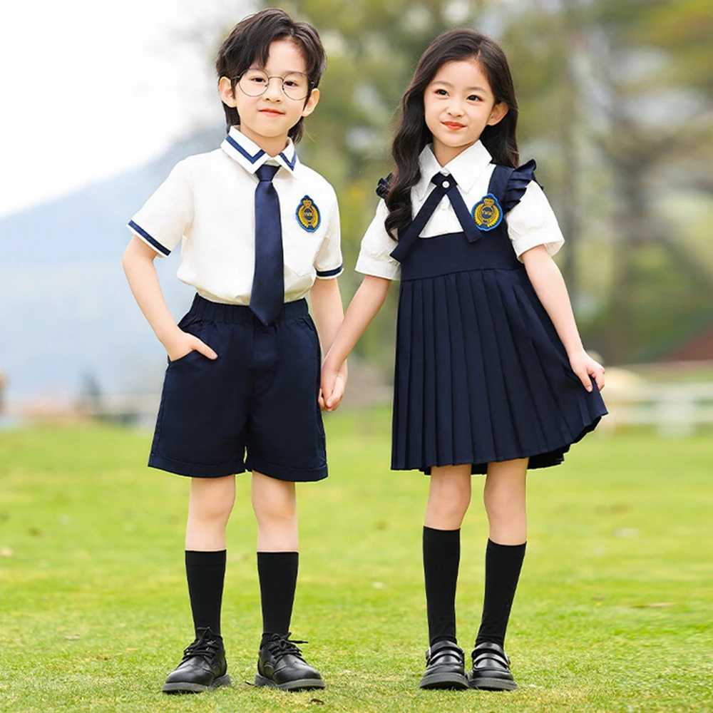 

Girls School Uniforms Shirt Shorts Boys British Sailor Collar Dress Kids Kindergarten Clothes Sets Child Students Summer Outfits