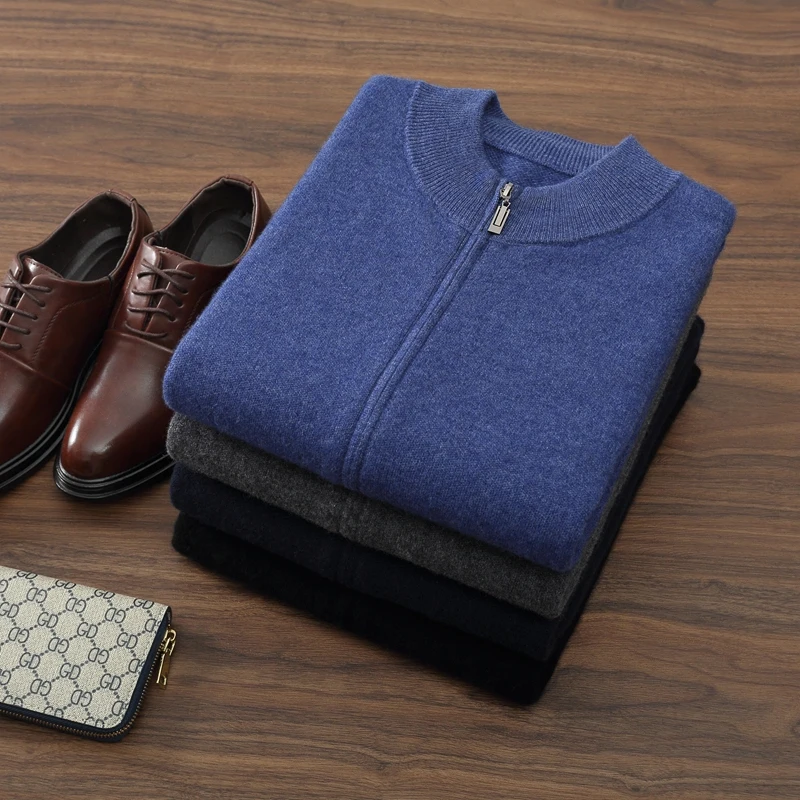 100% Cashmere Men's Exquisite Sweater Cardigan Autumn And Winter Versatile Business Business Cardigan Stand Collar Warm Jacket
