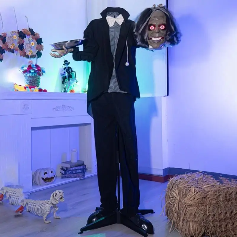 H8WB Freestanding Halloween Serving Tray Figure with Motion Activated Light and Sound for Floor Display, Party Entrance Styling