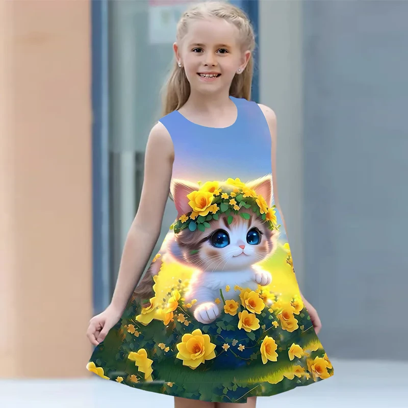 Vestido de verano para niñas, ropa informal sin mangas, cuello redondo, estampado de gato en 3D, Princesa, 2 a 8 años, 2024