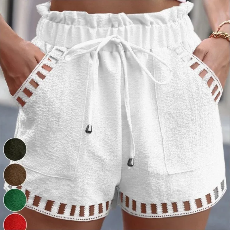 Drawstring Hollow Splicing Super Shorts Womens Summer New Versatile Diagonal Pocket Casual Beach Resort Style Solid Color Shorts