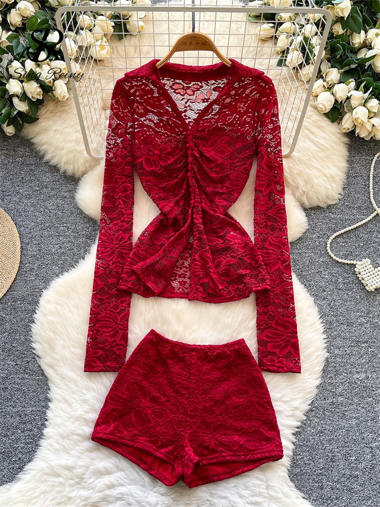 SINGREINY Embroidery Floral Lace Suits V Neck Shirring Flirty Tops+Bodycon Shorts Spring Feminine Chic Sheer Sexy 2 Pieces Sets