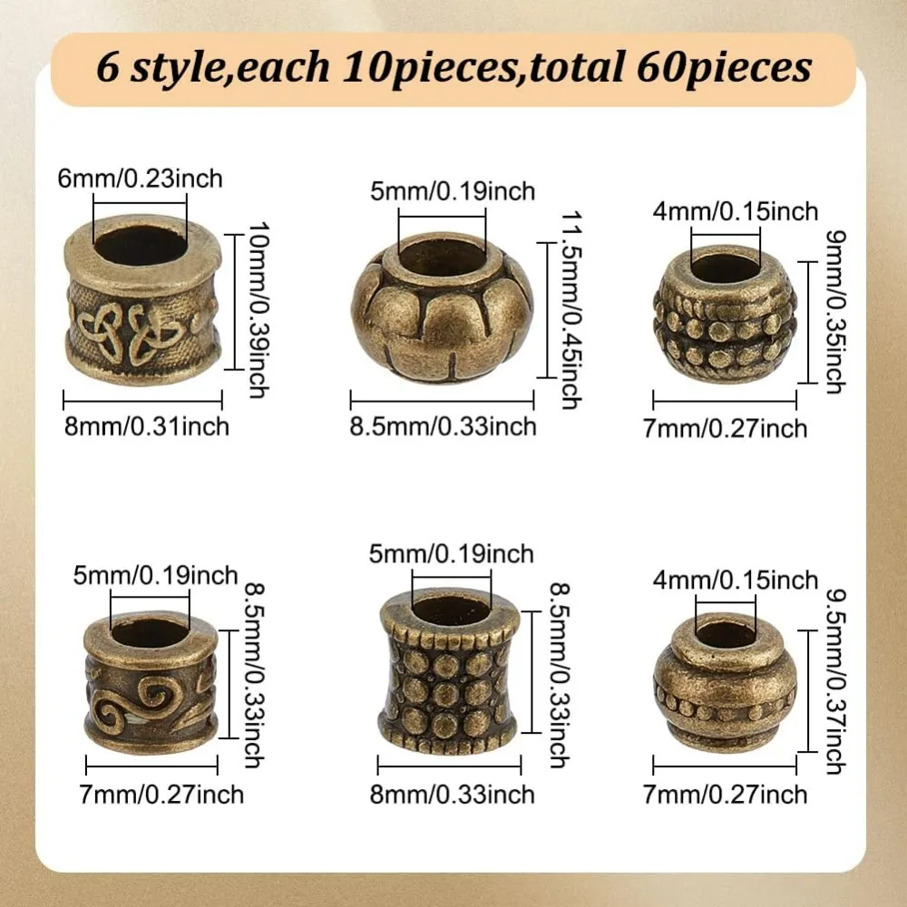 60Pcs 6 Styles Alloy Spacer Beads Style Column Beads Large Hole Vintage Loose Spacer Antique