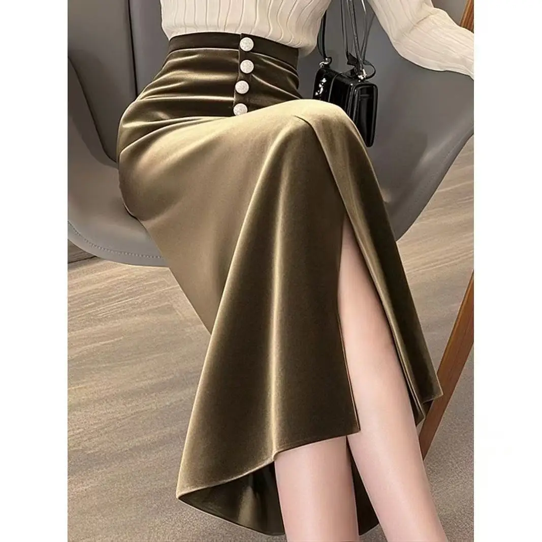 

Весенняя новая модная бархатная трапециевидная красивая полуюбка, женская однотонная элегантная юбка с высокой талией, офисная женская универсальная юбка