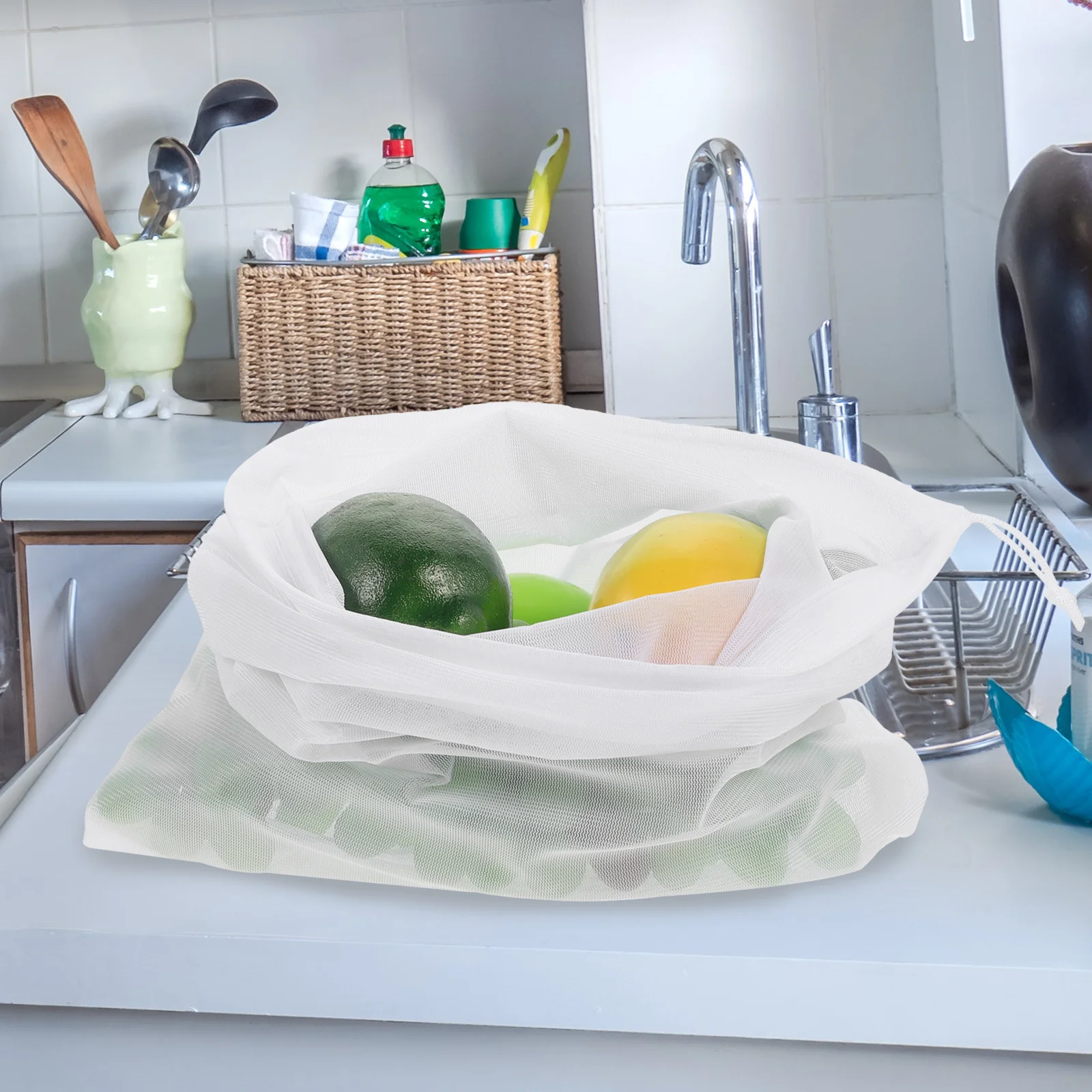 

5Pcs Premium Polyester Mesh Bags Reusable Drawstring Produce Bags for Fruits Vegetables Grocery Shopping Fruit Mesh Pouches
