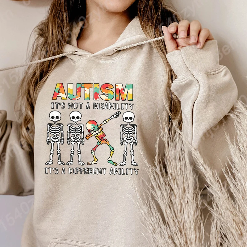 Autism Skeleton It's Not A Disability Print Hoodies For Women Autumn And Winter Casual Hoodie Ladies Solid Color Soft Sweatshirt