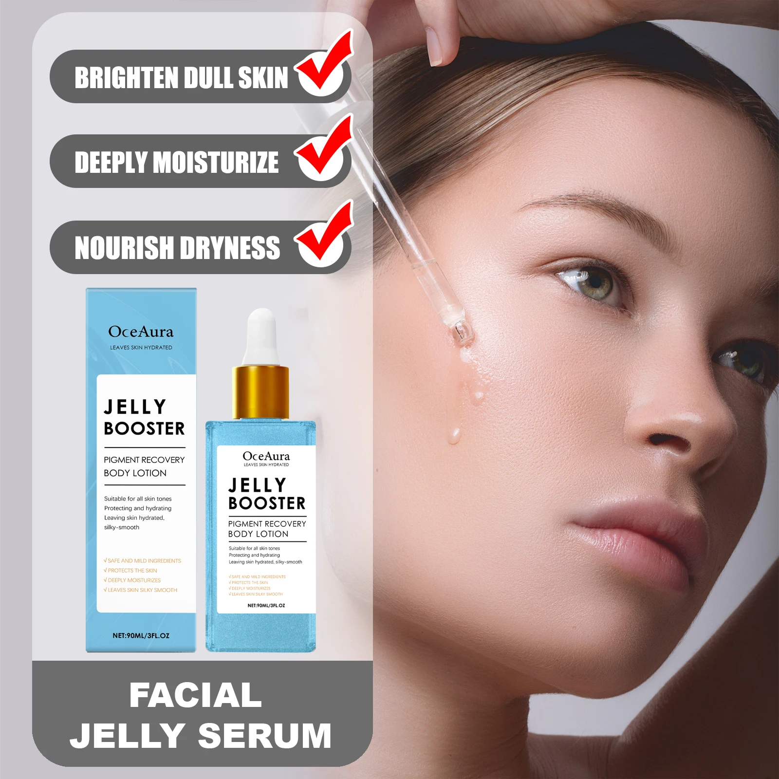 OCEAURA 90ml Facial Jelly Serum Brighten Dull Skin Deeply Moisturize Lock in Moisture Nourish Dryness Restores Healthy Radiance
