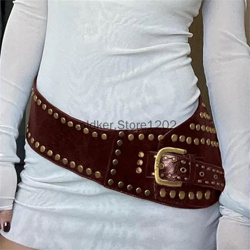 Imagen 2 del producto Cinturón ancho bohemio de cuero PU con remaches para mujer, cinturón Vintage occidental grueso negro marrón, accesorios Grunge Y2k