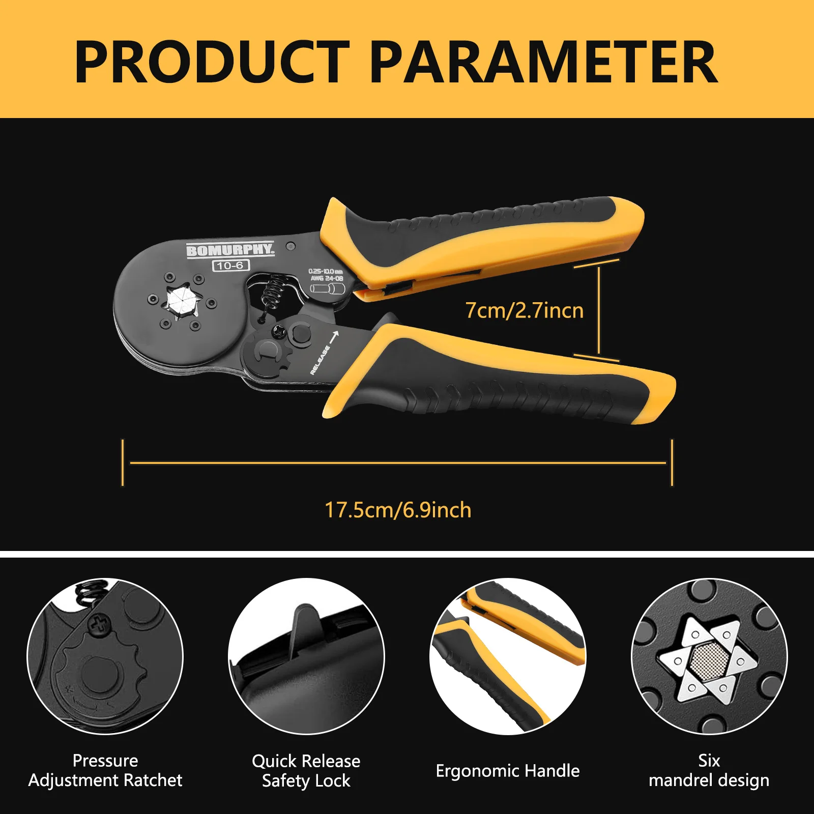 Bomurphy Hex Ferrule Crimper Zange Kit mit Drahtverbinder, AWG24-8 Sägezahn selbstverstellbare Ratschen-Drahtklemmen Crimper Kit