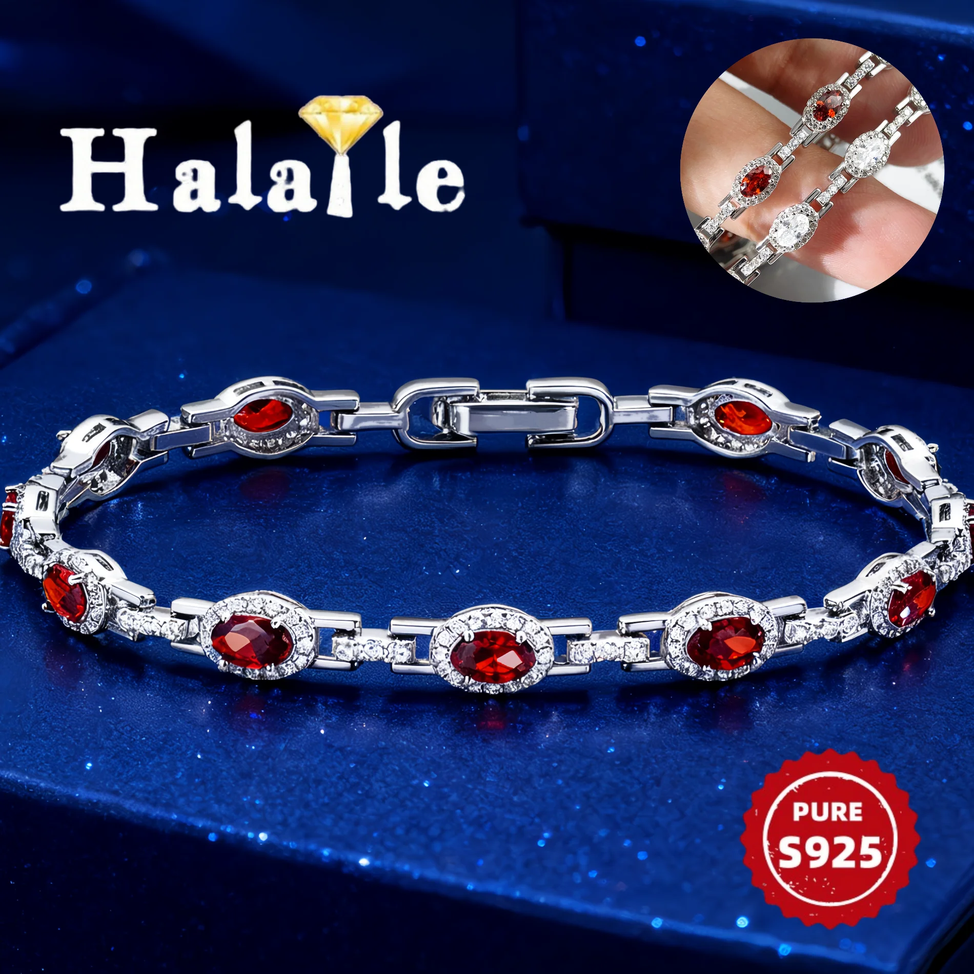 

Halaile 0.3CT Moissanite/Red Zircon Oval Diamond Bracelet S925 Silver For Women Sparkling Dainty Elegant Fashion Engagement