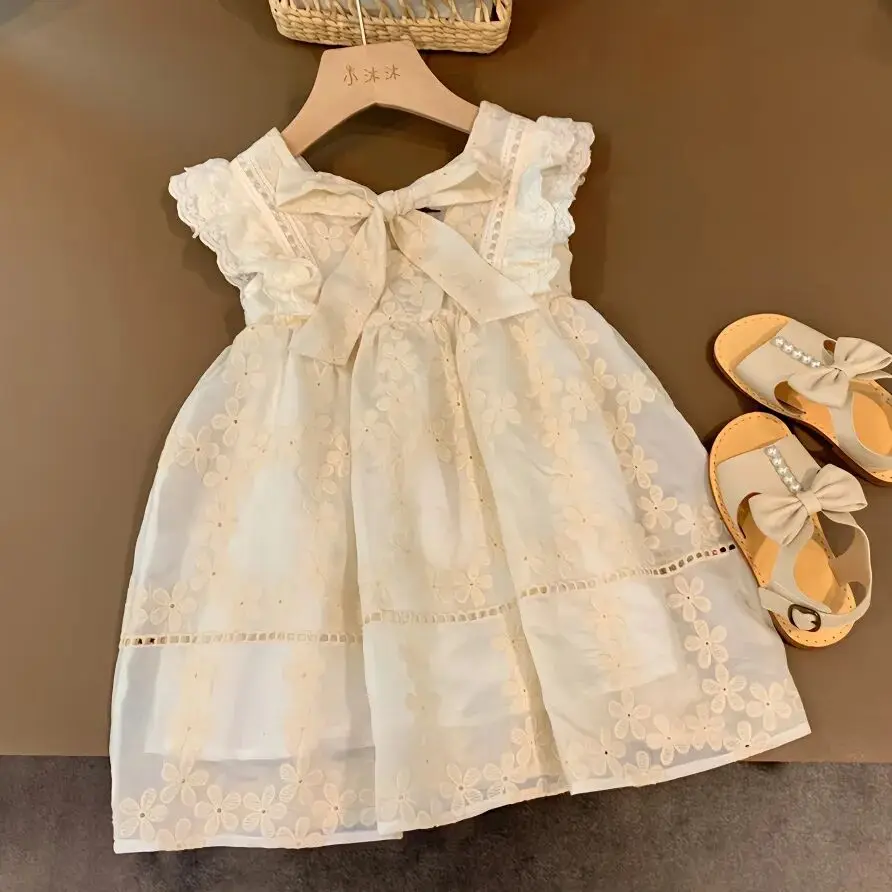 

Kids Girls Dress Summer Outfit New Cute Children's Bow A-line Skirt Baby Embroidered Short Sleeved Dress