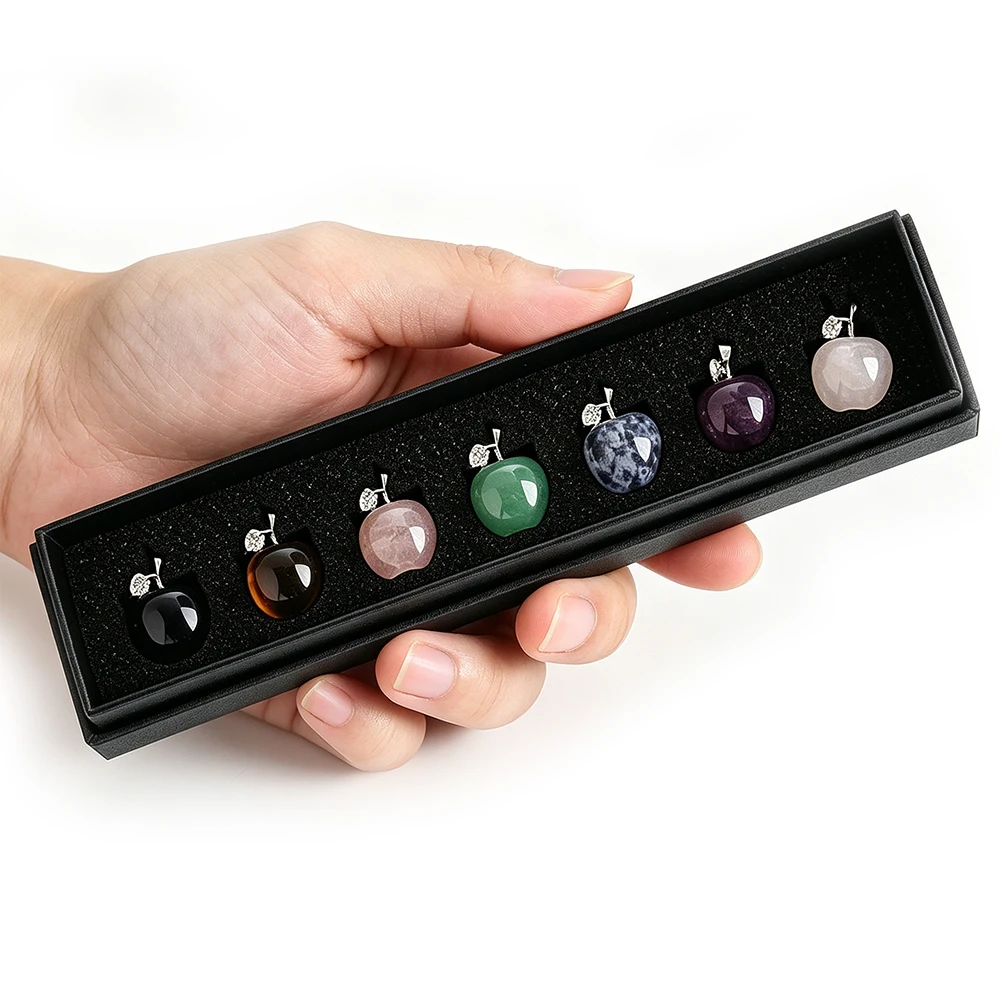 7 Chakra Natürlicher Kristall-Apfel Ornament-Set 7 Farben Roher Stein Friedensfrucht Meditations-Heilungs-Mineralien-Box Desktop-Deko Geschenk – Detail 4