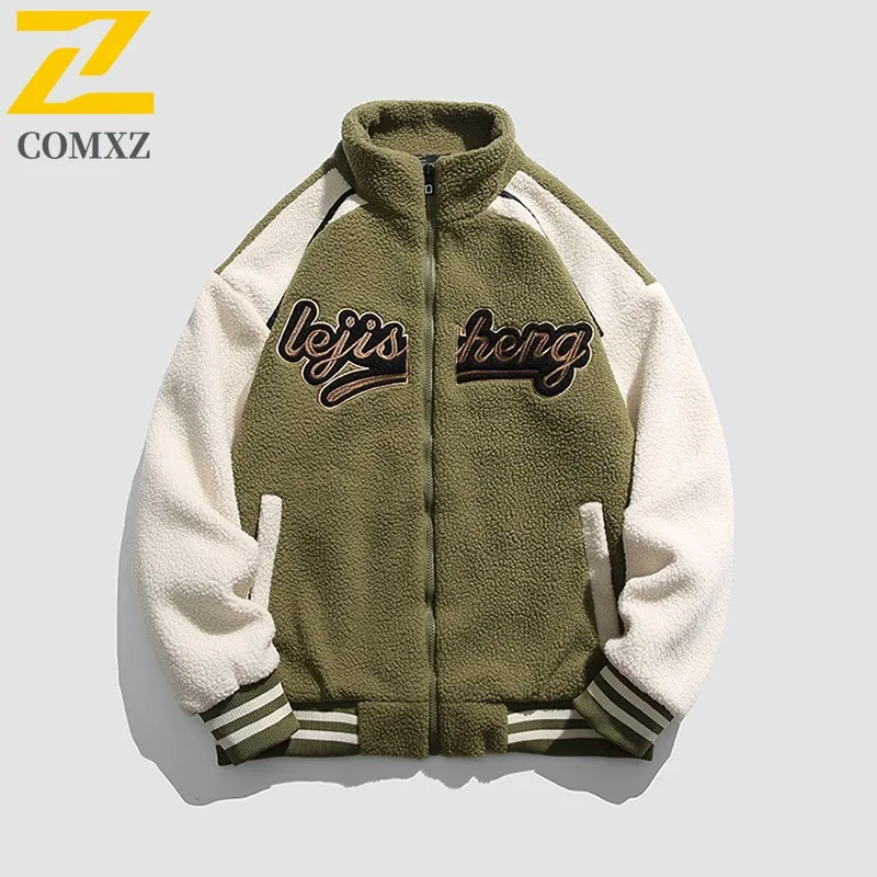 

COMXZ Winter Fleece Jacket Letter Design Cardigan Lightweight Windbreaker Stand Collar Camping Travel Cold Protection Warm Coat