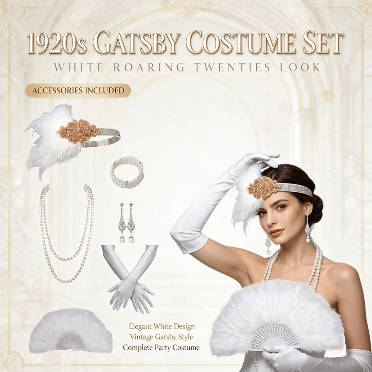 PESENAR 1920s White‑Gold Gatsby Flapper Costume Set Feather Headband Crystal Earrings Pearl Jewelry Gloves Feather Fan for Masqu